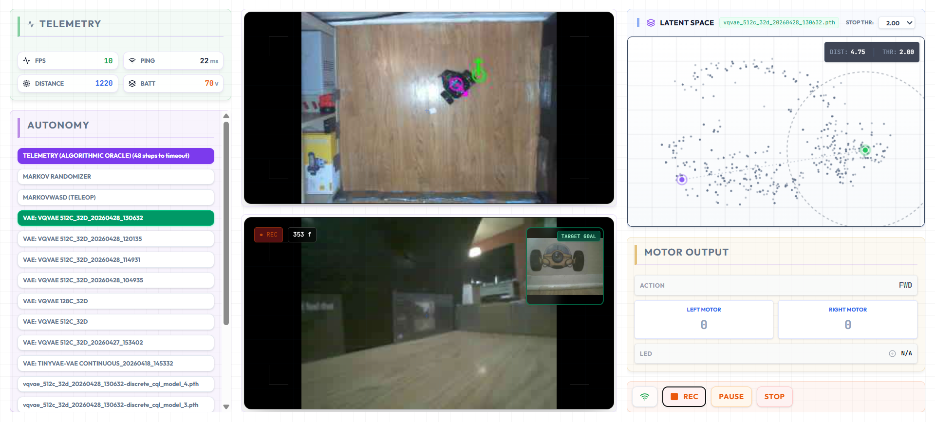 The Embrained Cognitive Engine dashboard showing live camera feed, latent space visualization, and autonomy controls.